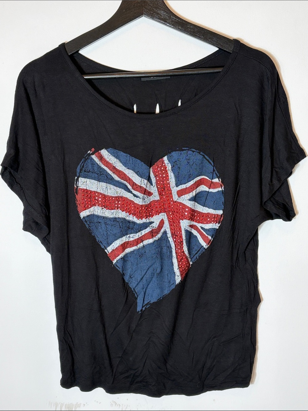 Manifesto Black Union Jack Heart Graphic Fringe Back Tee Size Small